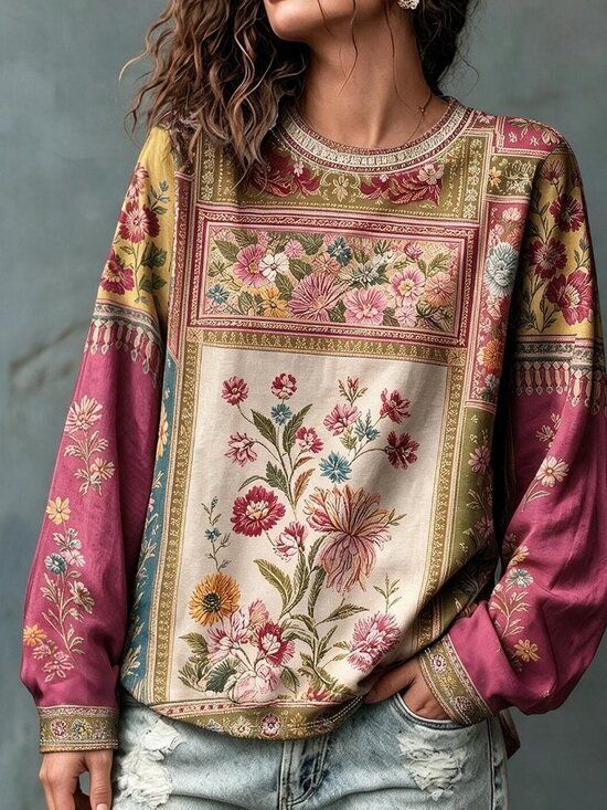 Tops - Multicolor Casual Women's Plus Size Floral Print Round Neck Long Sleeve T-Shirt